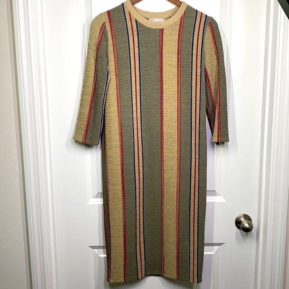 Zara Dresses & Skirts - Zara - Tan & Blue & Red Stripe Mid Length Dress Size XS